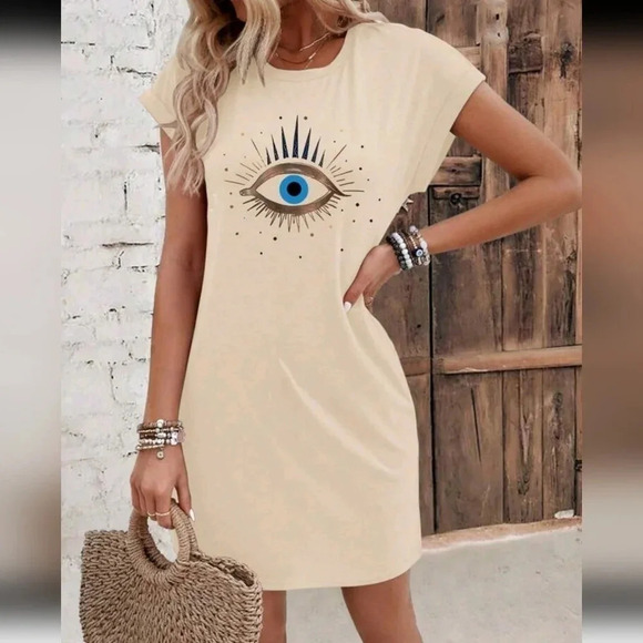Women's Summer Eye Print Round Neck Bat Sleeve Casual Dress - Picture 3 of 5